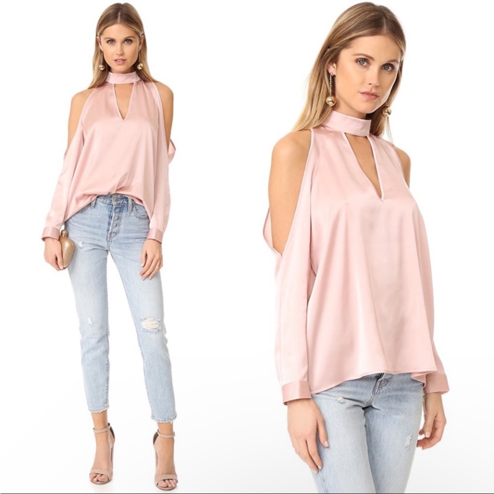 Yumi Kim Silk Cold Shoulder Blouse Pink Choker Neck Satin Top NWT